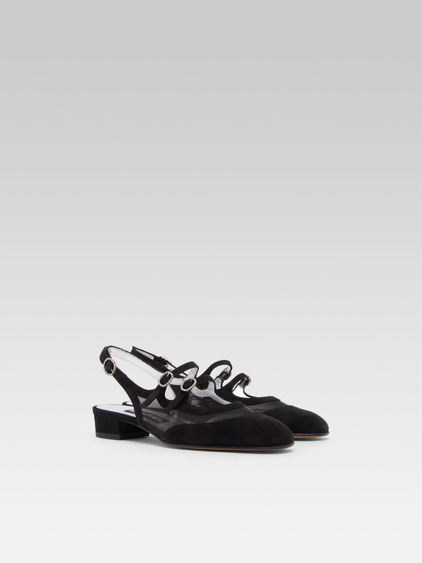 Peche night - Babies slingback cuir velours résille noir et boucles strass