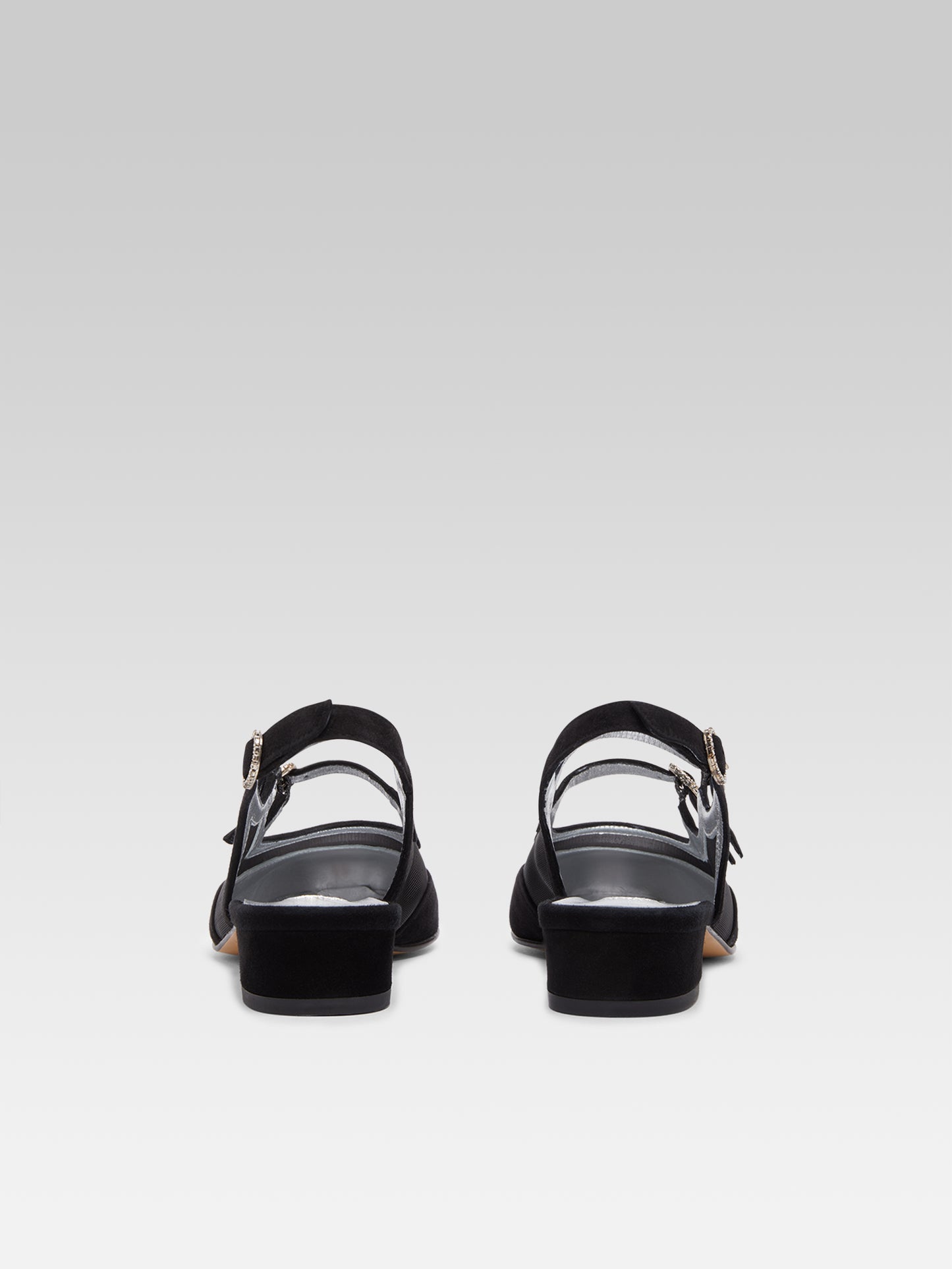Peche night - Babies slingback cuir velours résille noir et boucles strass