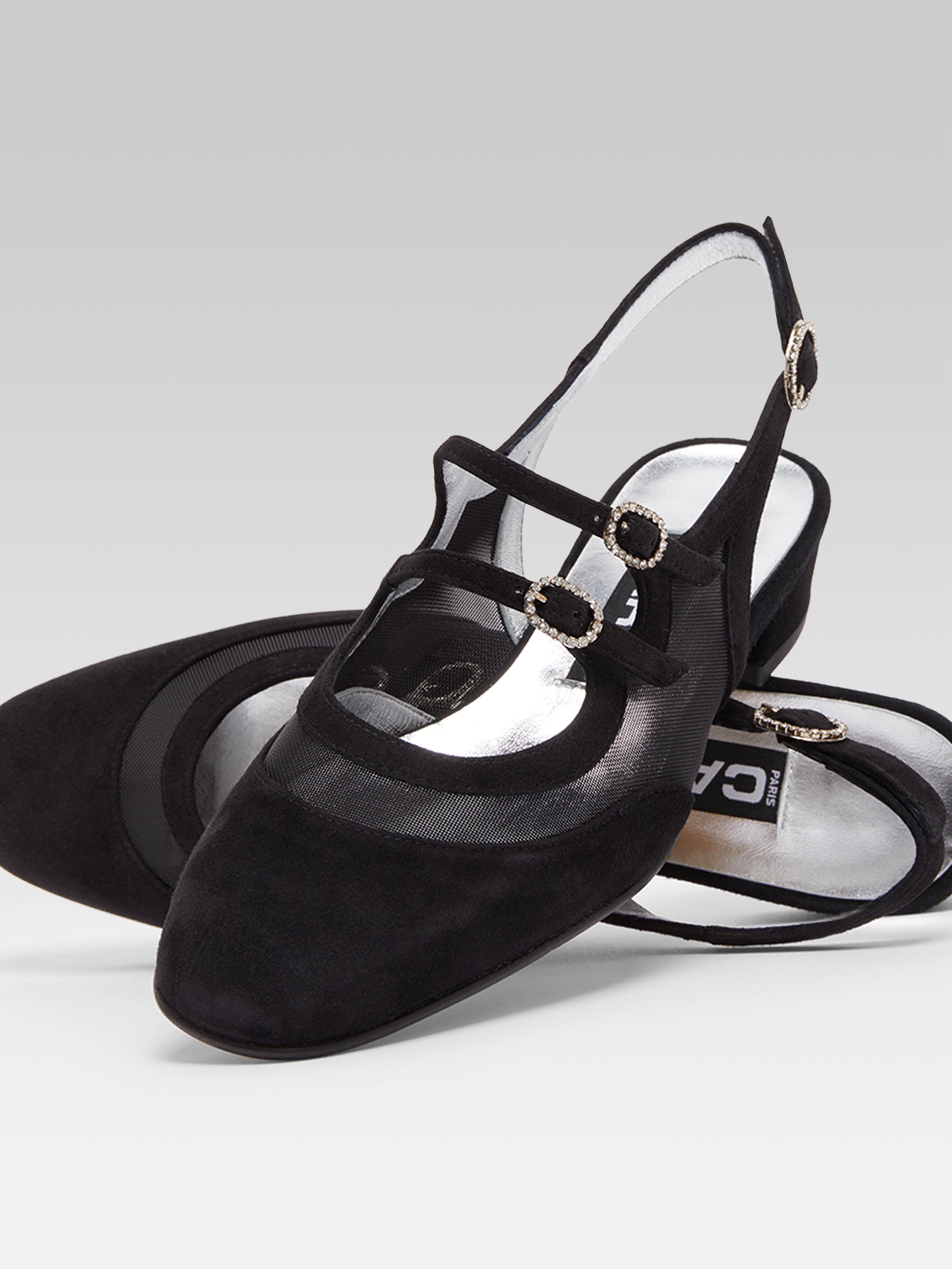 Peche night - Babies slingback cuir velours résille noir et boucles strass - Image numéro 3