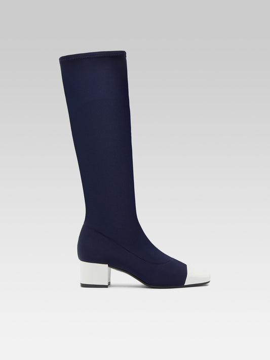 Malaga - Bottes tissu stretch bleu et cuir verni blanc