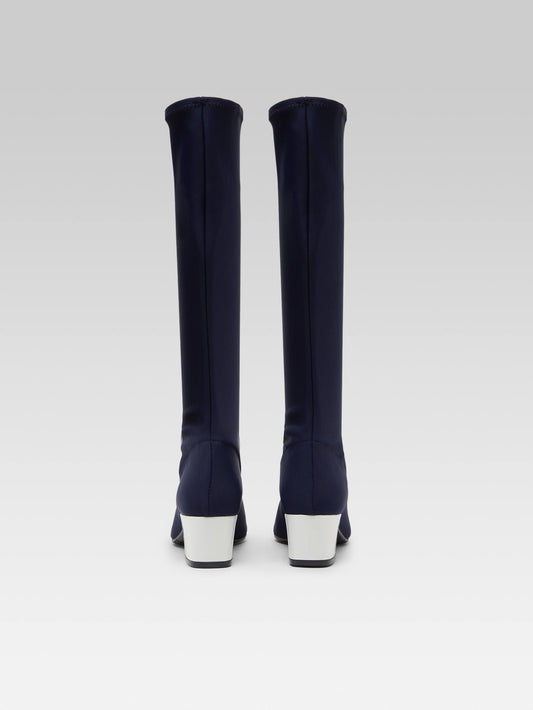 Malaga - Bottes tissu stretch bleu et cuir verni blanc - Image numéro 5