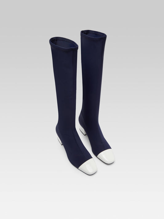 Malaga - Bottes tissu stretch bleu et cuir verni blanc - Image numéro 2