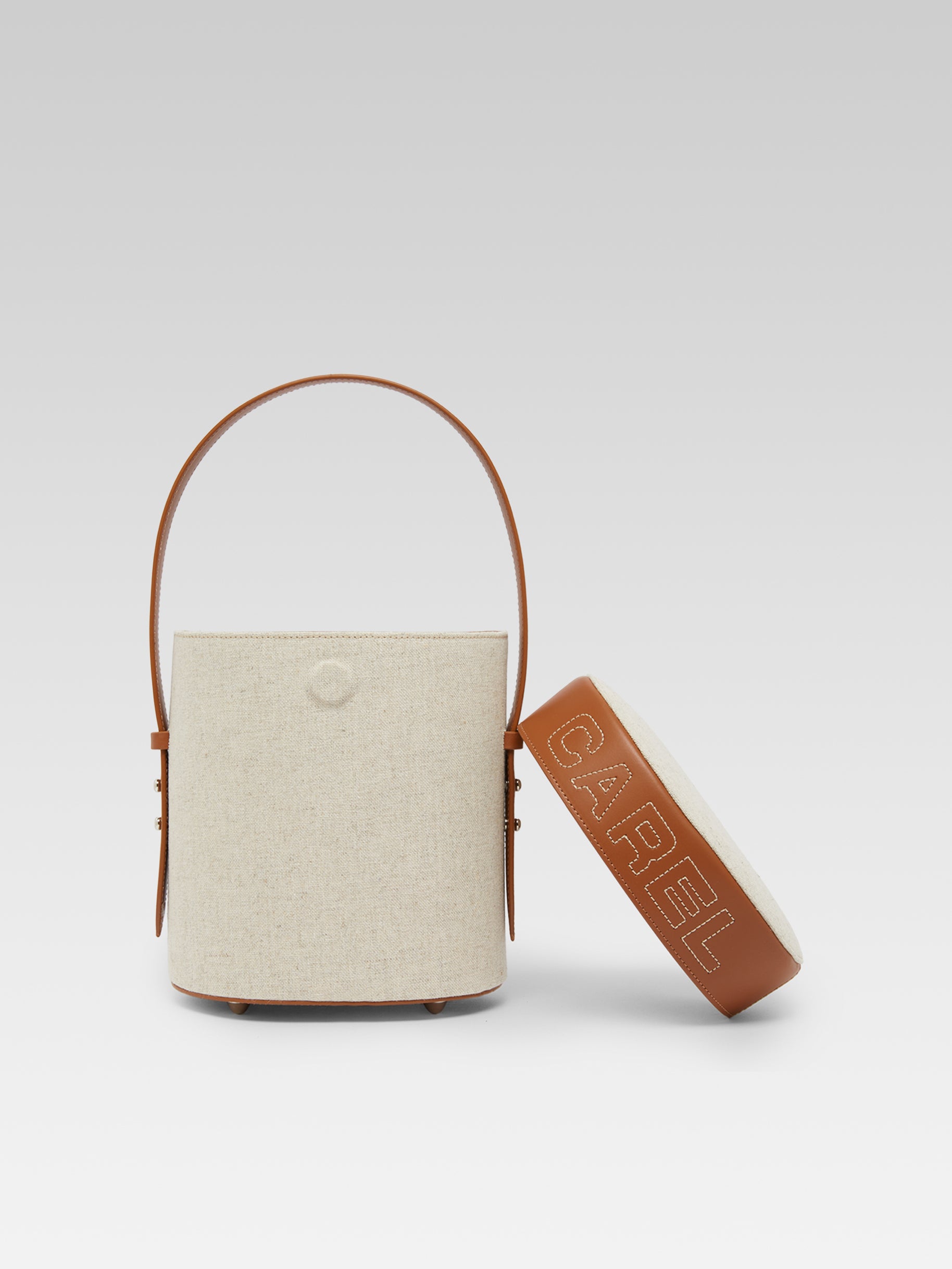 Bibi - Sac seau tissu écru et cuir camel - Image numéro 4