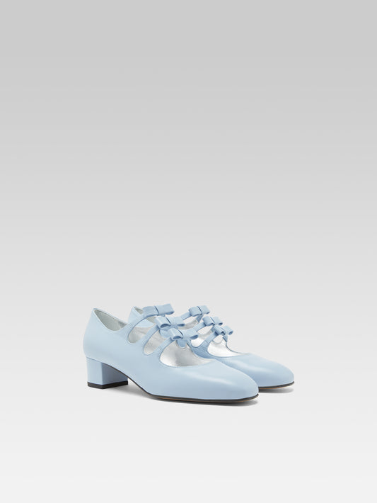 Kinette - Sky blue leather Mary Janes pumps with bows - Image number 4