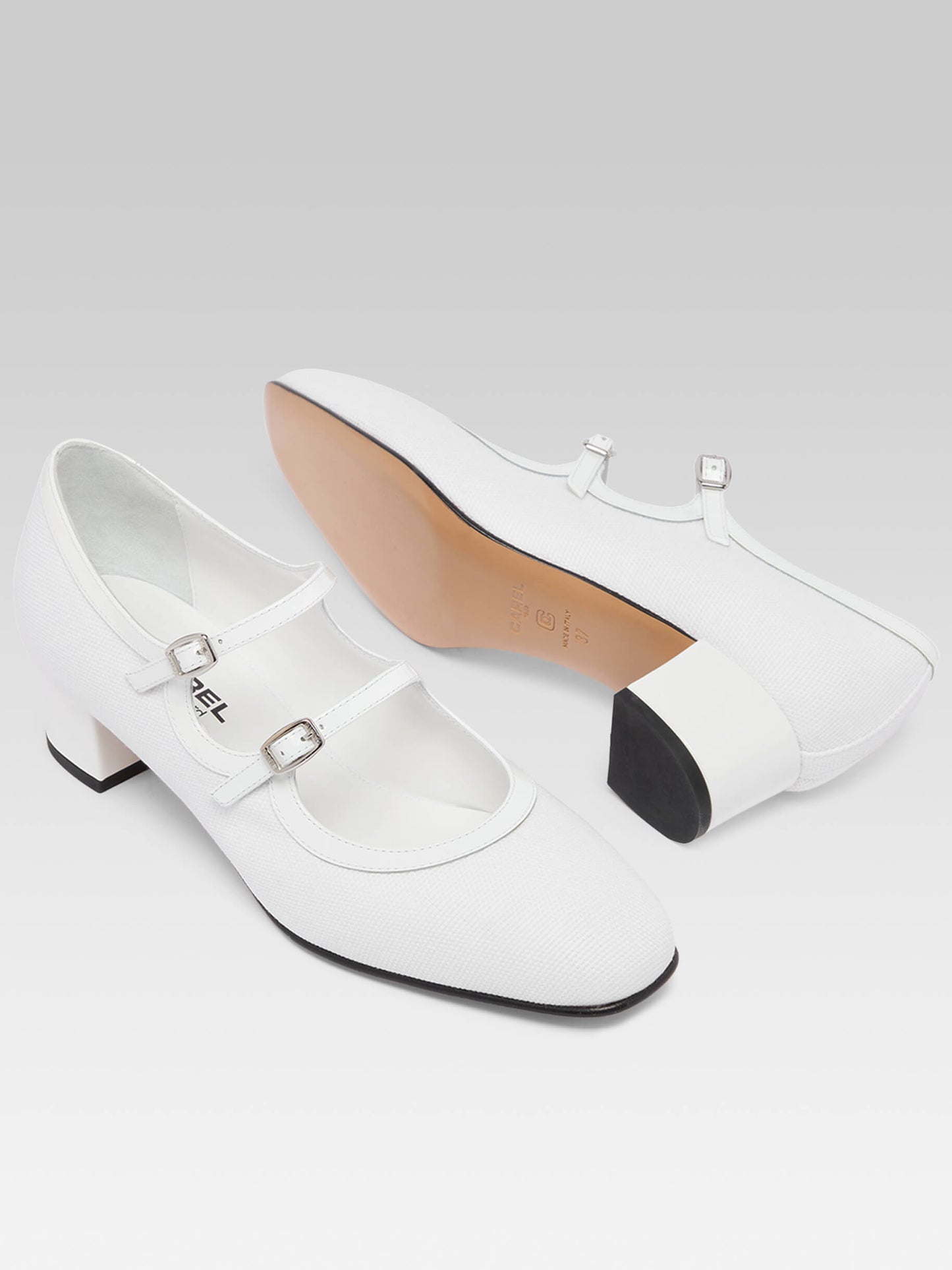 Bleuet - White fabric and patent leather Mary Janes pumps
