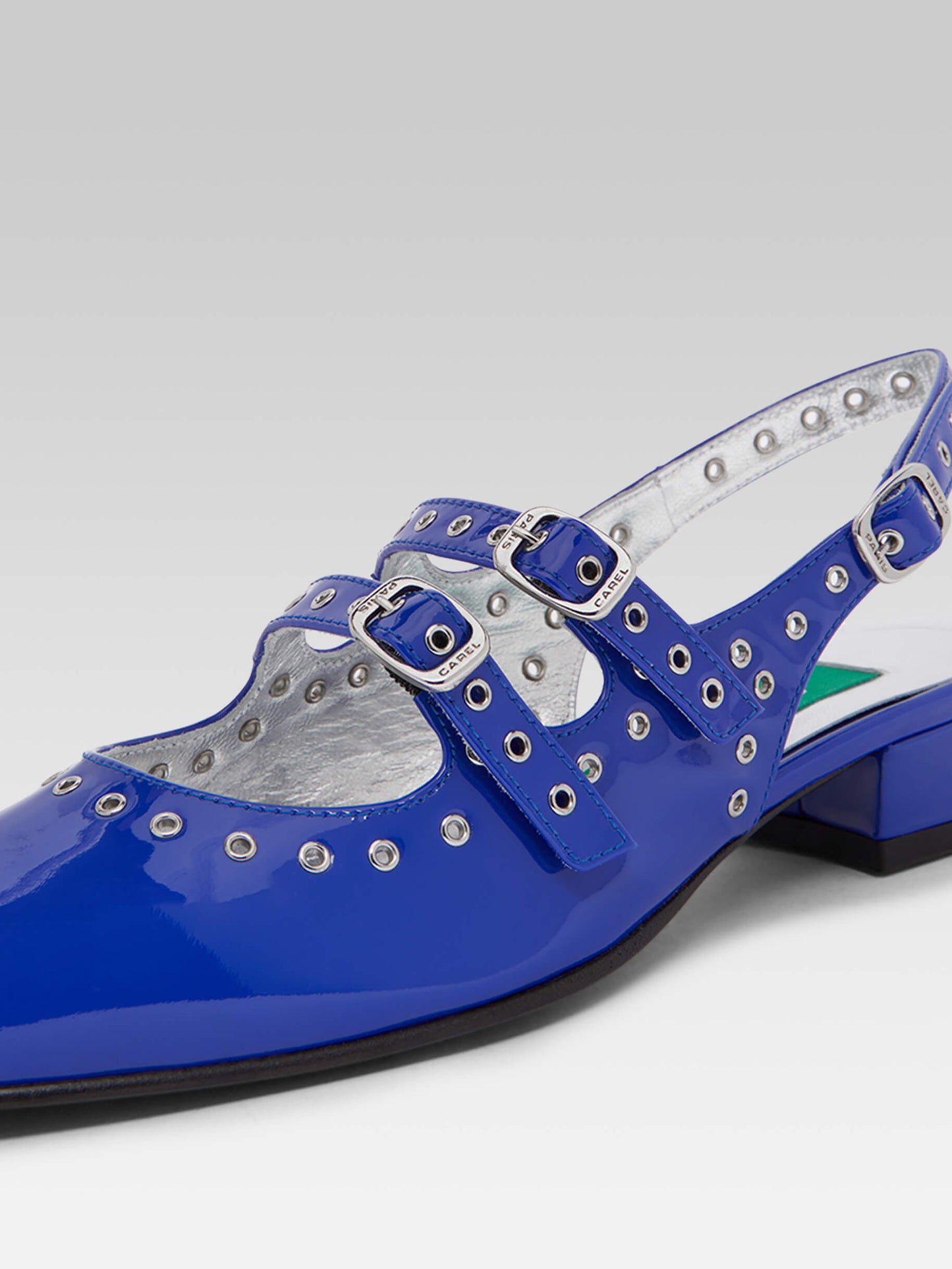 Queen - Upcycled electric blue patent leather eyelets slingback Mary Janes