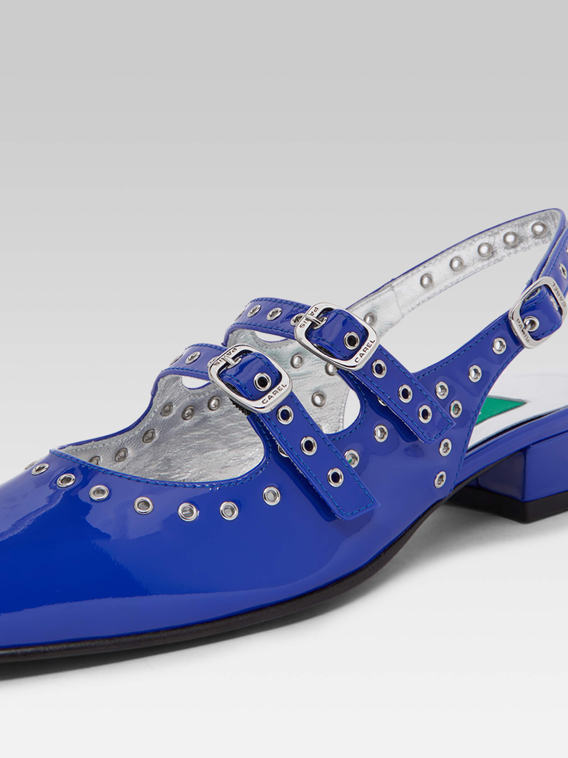 Queen - Upcycled electric blue patent leather eyelets slingback Mary Janes - Image number 2