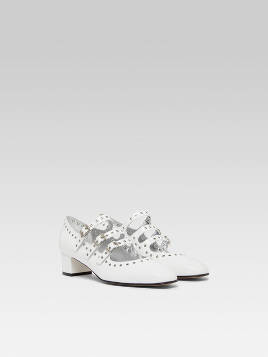 Camden - Upcycled white patent leather mary janes pumps with eyelets - Image number 4