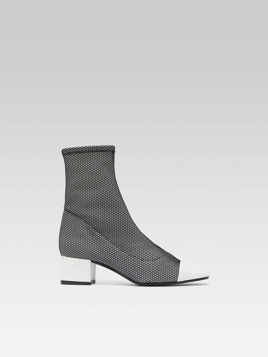 carel Estime - Bottines tissu stretch optique noir et blanc et cuir verni blanc