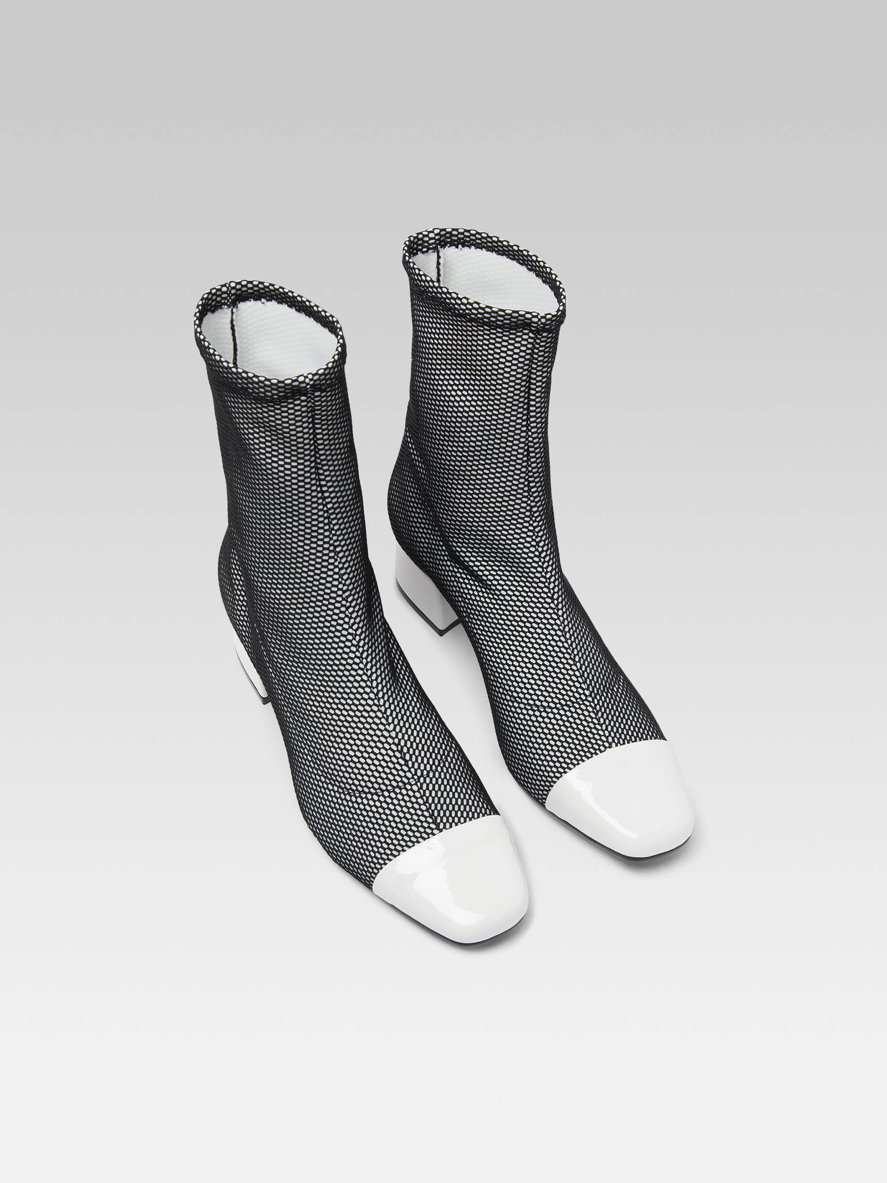 Estime - Black and white stretch fabric and white patent leather ankle boots - Image number 3