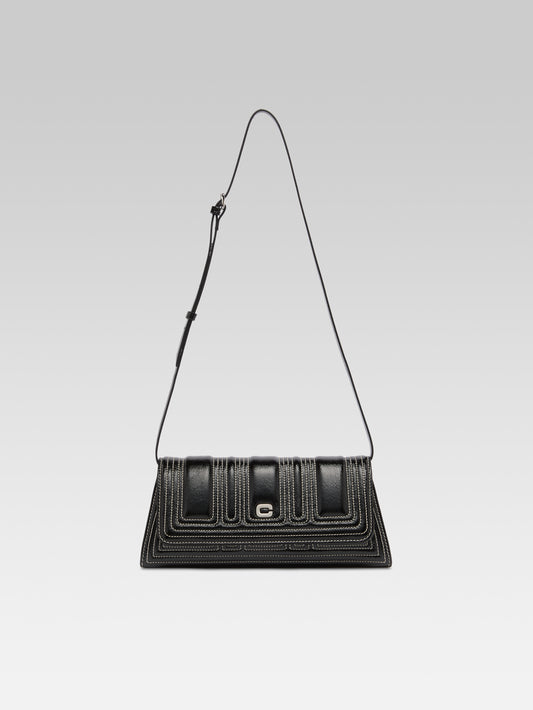 Madeleine - Black patent leather shoulder bag with ivory stitching