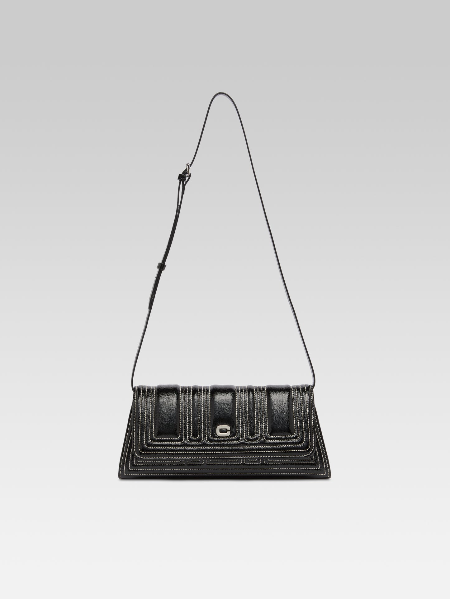 Madeleine - Sac épaule cuir verni noir et coutures ivoire