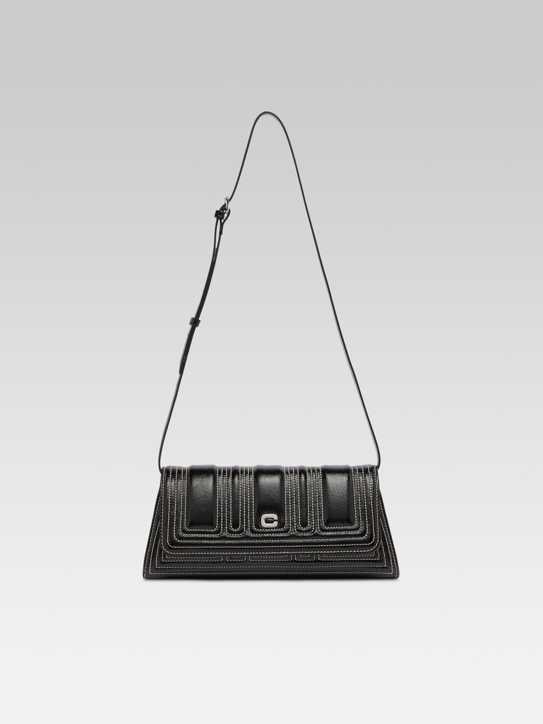 Madeleine - Sac épaule cuir verni noir et coutures ivoire - Image numéro 1