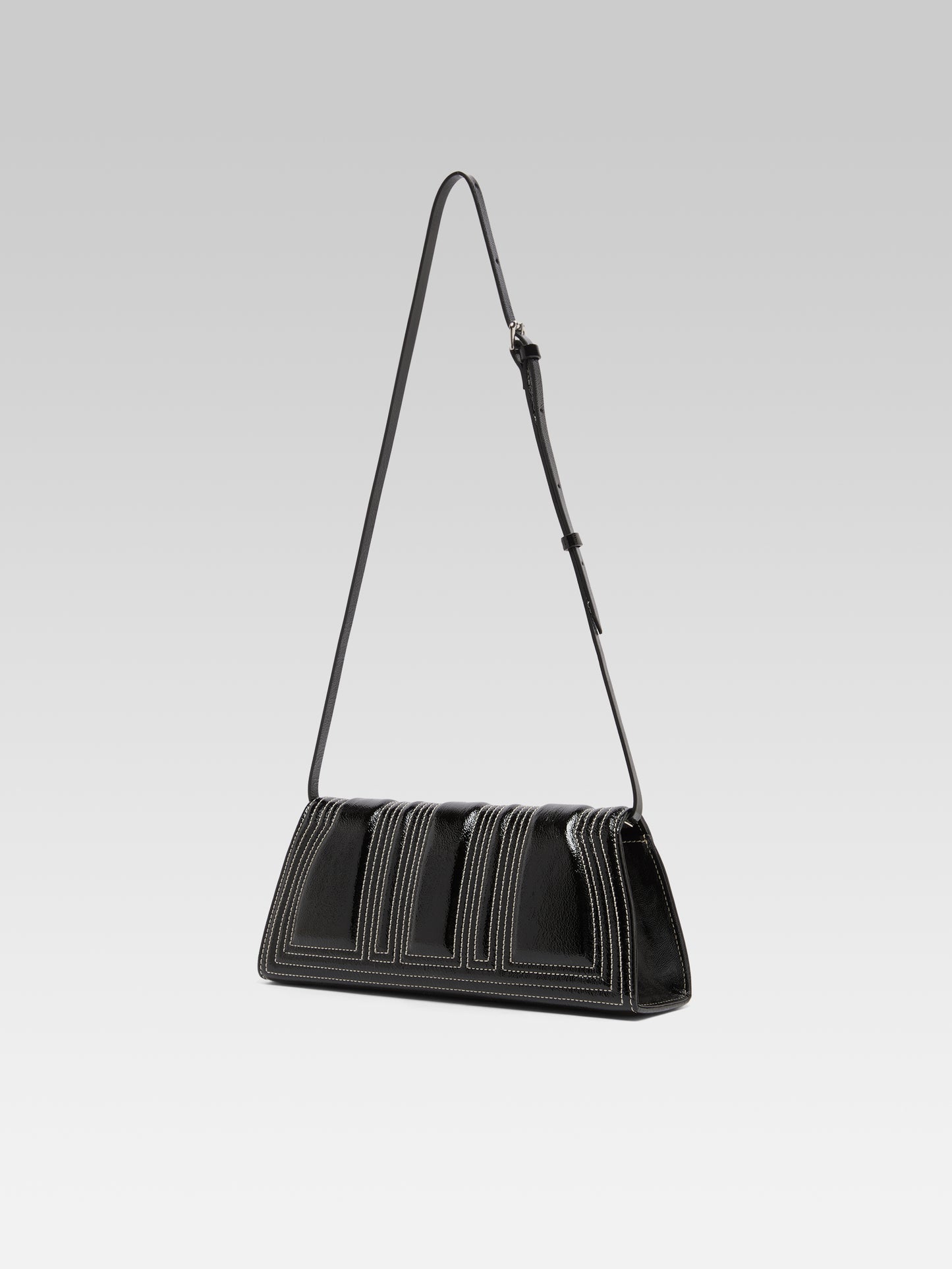 Madeleine - Sac épaule cuir verni noir et coutures ivoire