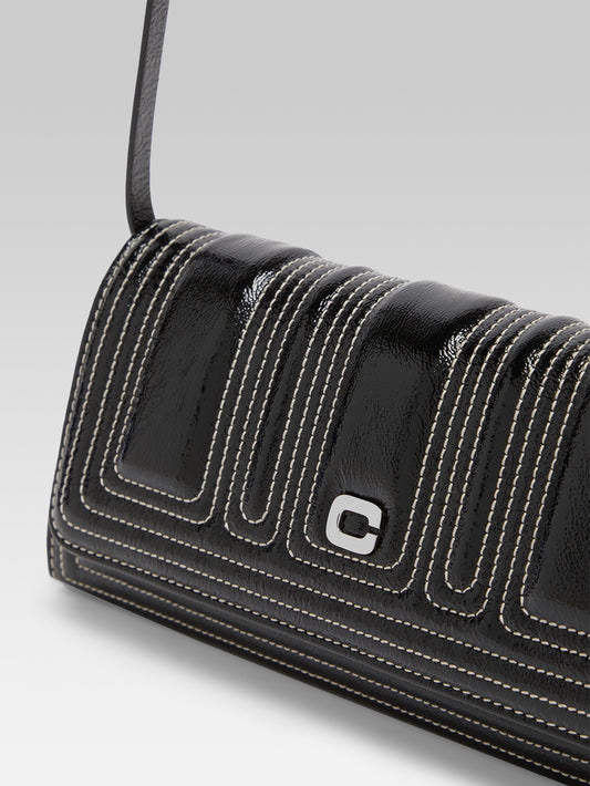 Madeleine - Black patent leather shoulder bag with ivory stitching - Image number 2