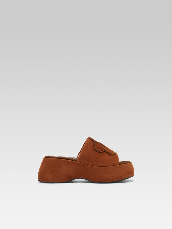 carel Flower - Mules à plateforme bicolores cuir velours upcyclé cognac