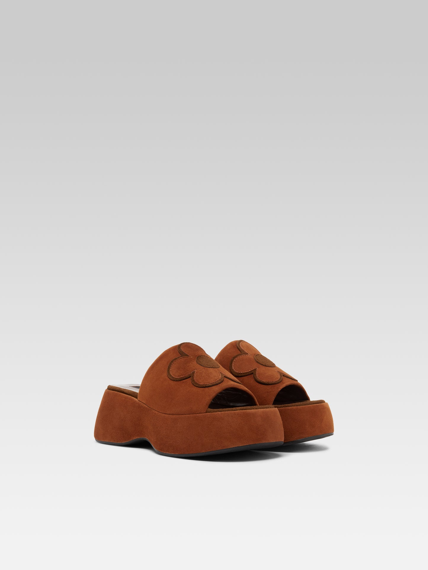 Flower - Cognac upcycled suede leather platform mules
