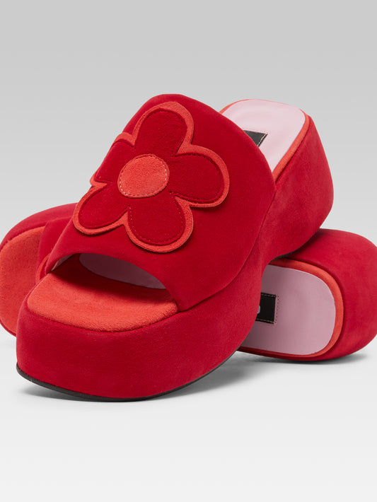 Flower - Red poppy upcycled suede leather platform mules - Image number 2