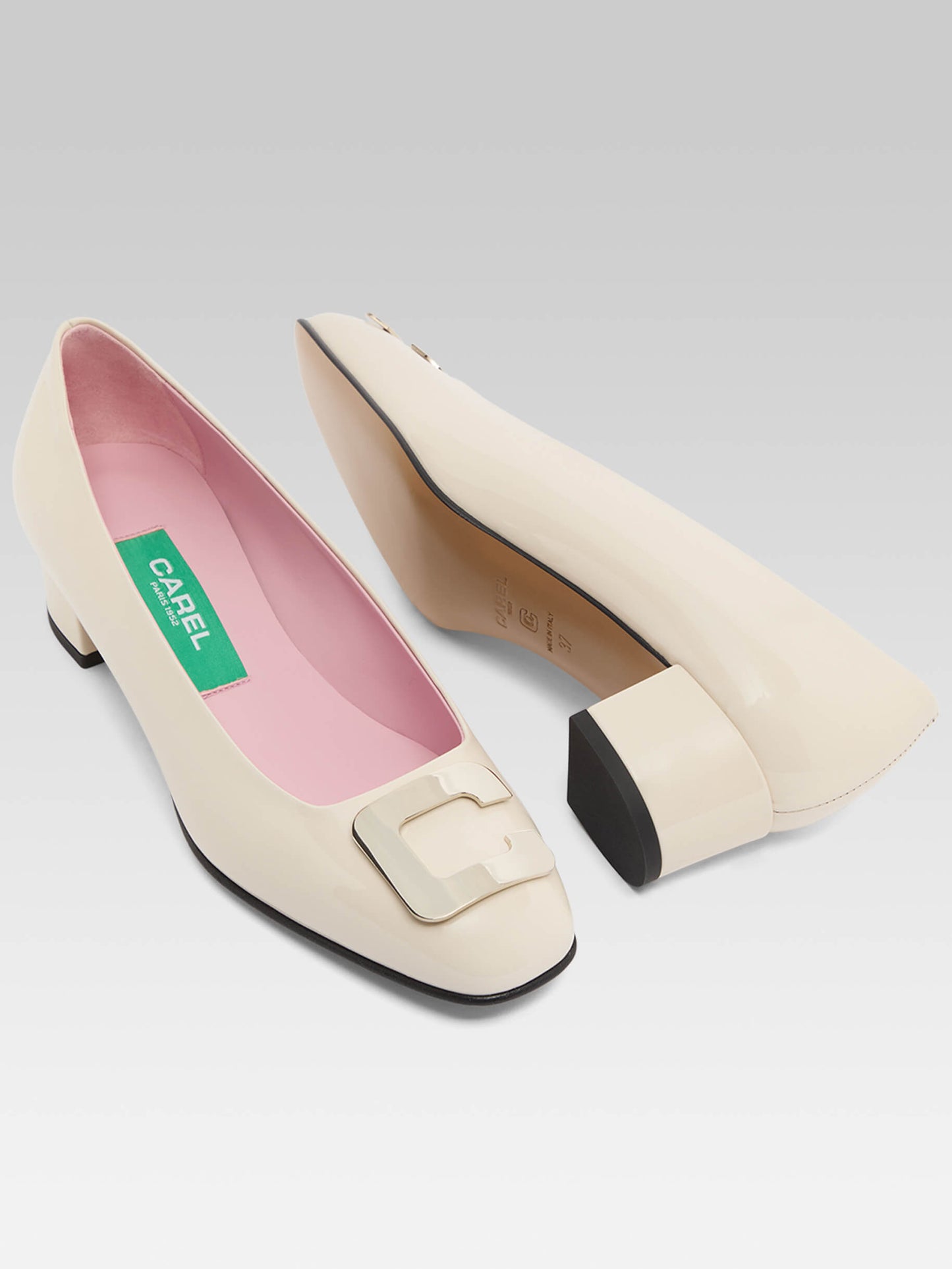 Camelia - Escarpins cuir verni ivoire upcyclé bijou C