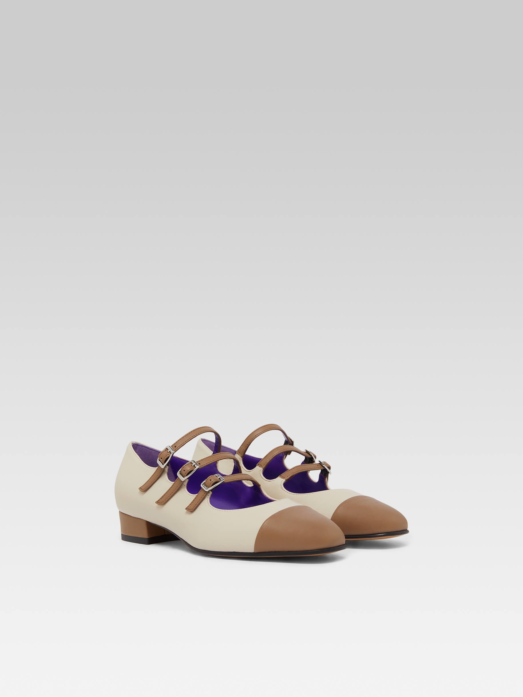 Julia - Beige leather and brown upcycled leather Mary Janes ballet flats - Image number 5