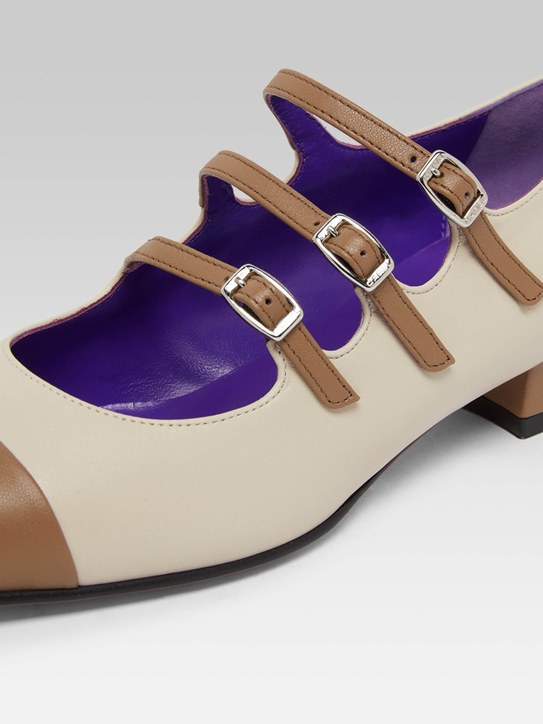 Julia - Beige leather and brown upcycled leather Mary Janes ballet flats - Image number 4
