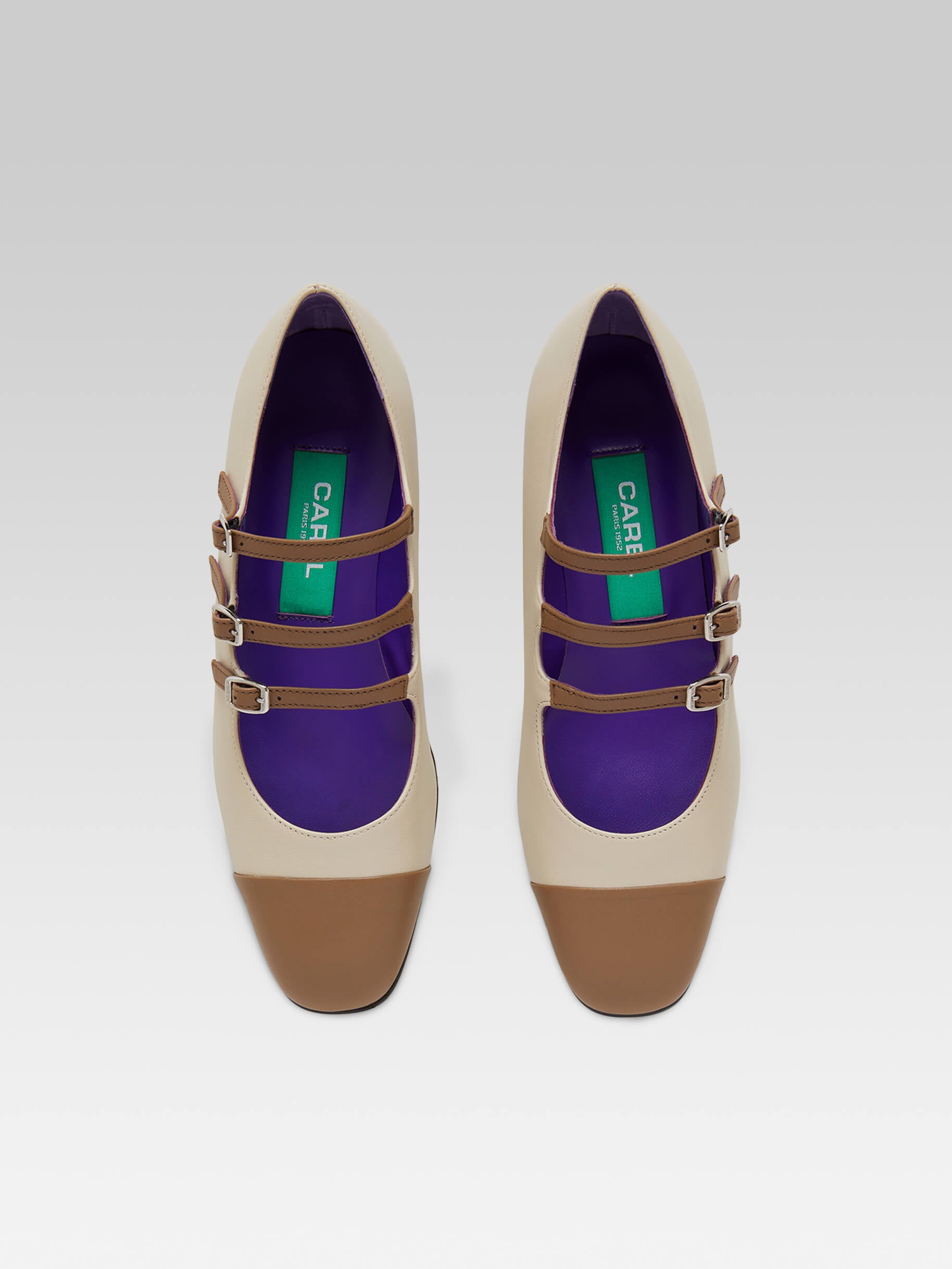 Julia - Beige leather and brown upcycled leather Mary Janes ballet flats - Image number 3