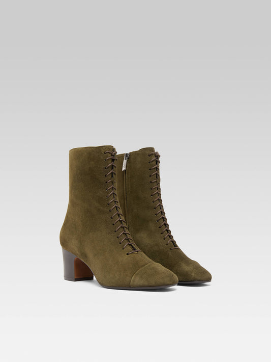 Colette - Bottines à lacets cuir velours kaki - Image numéro 5