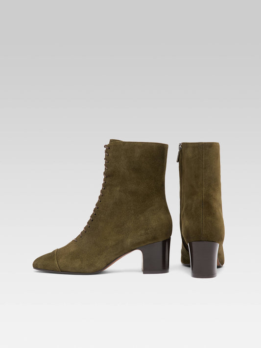 Colette - Bottines à lacets cuir velours kaki - Image numéro 3