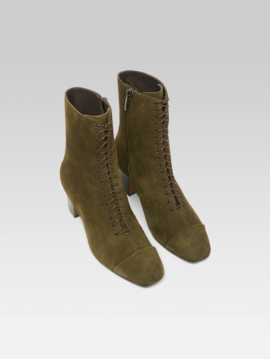 Colette - Bottines à lacets cuir velours kaki - Image numéro 2