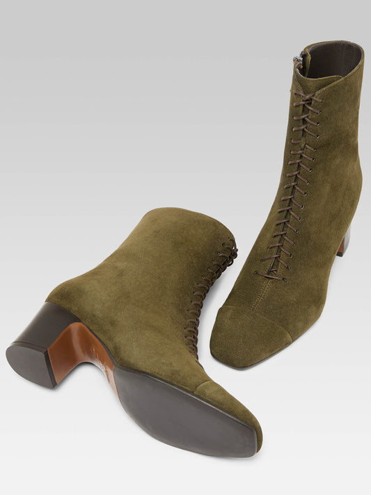 Colette - Bottines à lacets cuir velours kaki - Image numéro 4