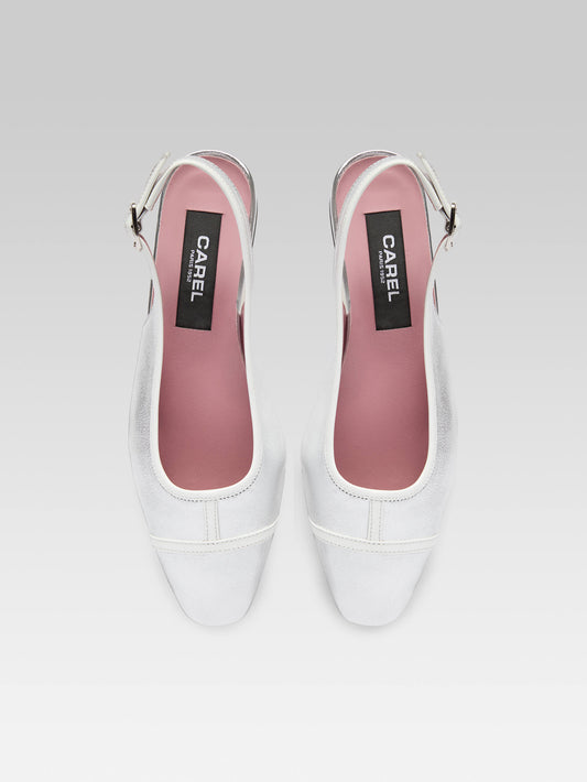 Elisa - Silver laminated leather and white patent leather slingback ballet flats - Image number 3