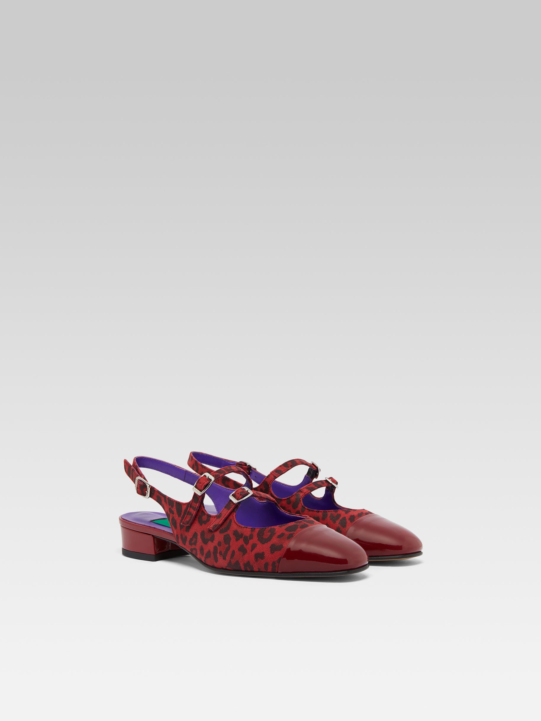 Abricot - Cherry red leopard upcycled suede leather and cherry red upcycled patent leather slingback Mary Janes - Image number 4