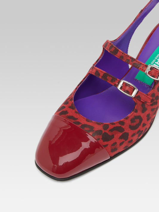 Abricot - Babies slingback cuir velours léopard rouge et cuir verni rouge cerise upcyclé - Image numéro 2