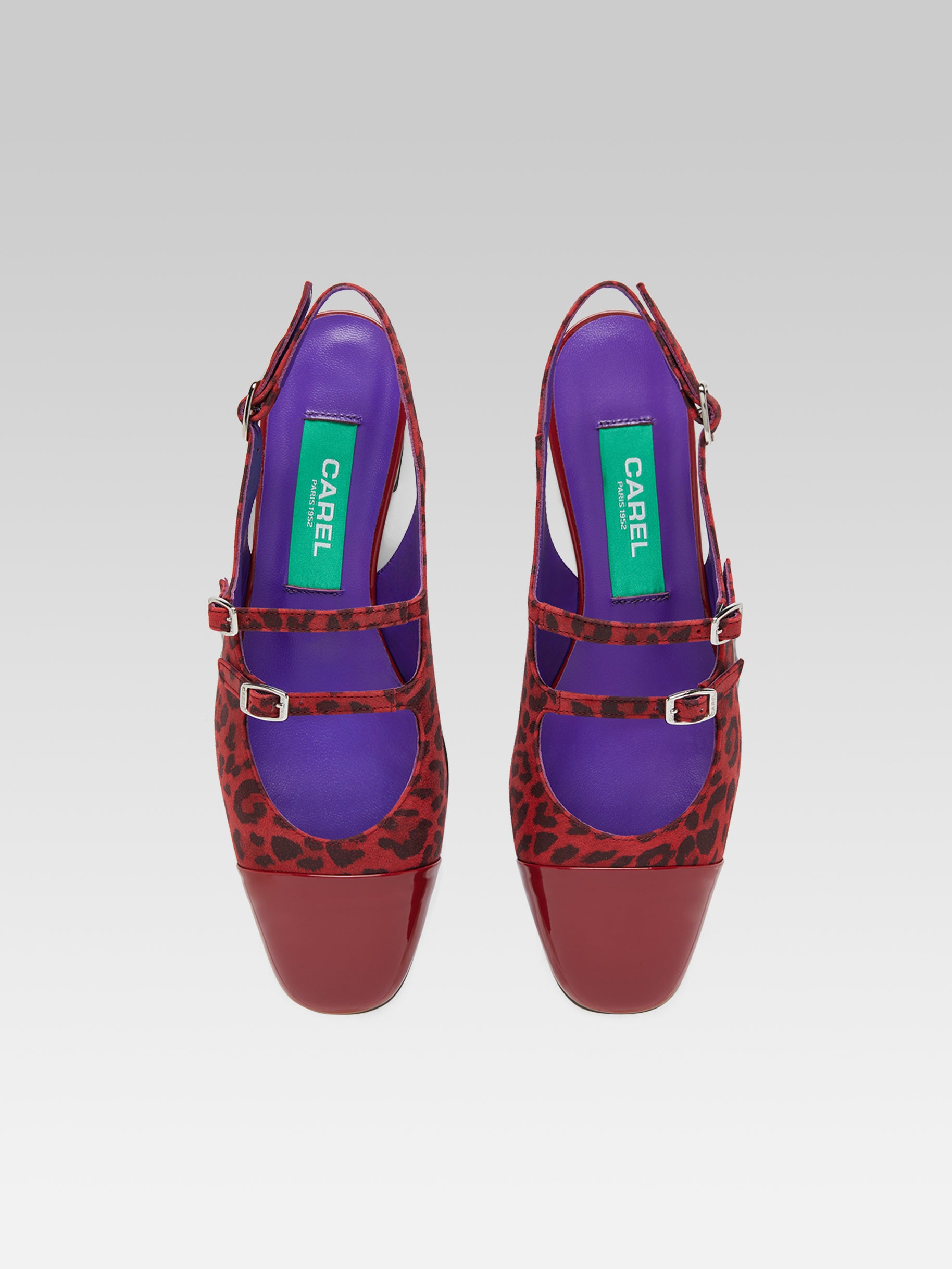 Abricot - Cherry red leopard upcycled suede leather and cherry red upcycled patent leather slingback Mary Janes - Image number 3