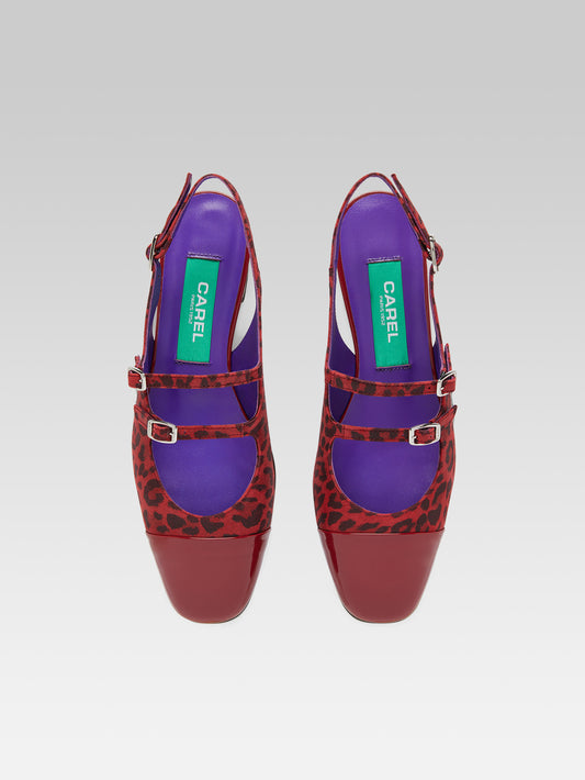 Abricot - Babies slingback cuir velours léopard rouge et cuir verni rouge cerise upcyclé - Image numéro 3