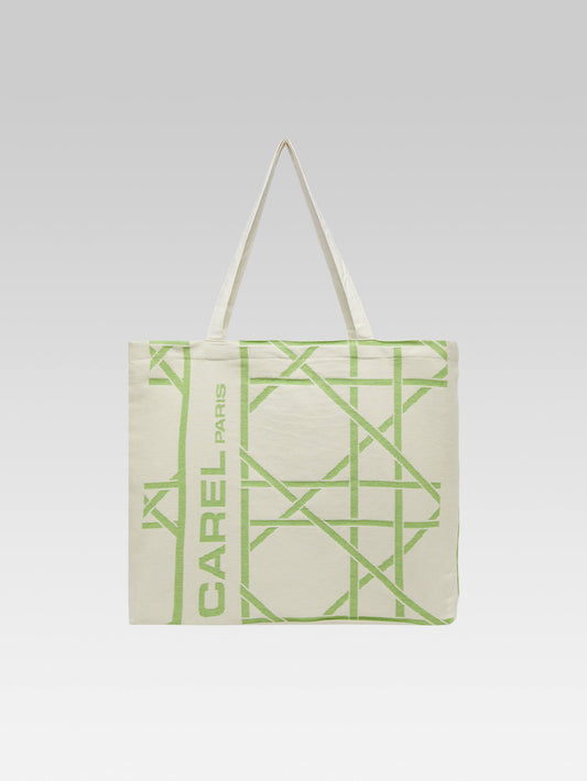 Tote bag - Green and ecru monogram bag with jacquard weave - Image number 2