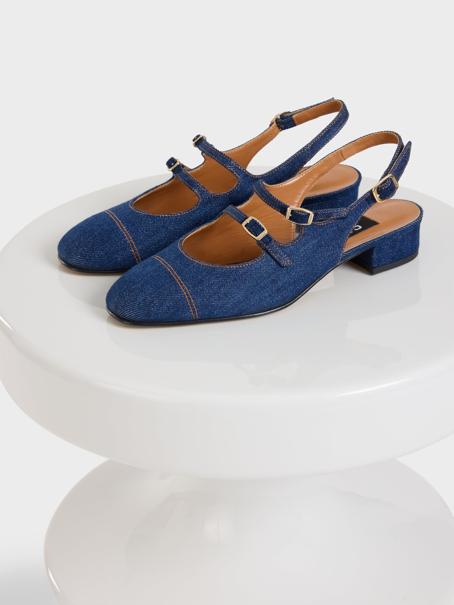 Peche - Raw denim fabric slingback Mary Janes