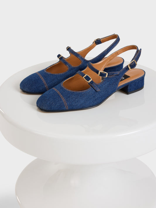 Peche - Raw denim fabric slingback Mary Janes - Image number 3