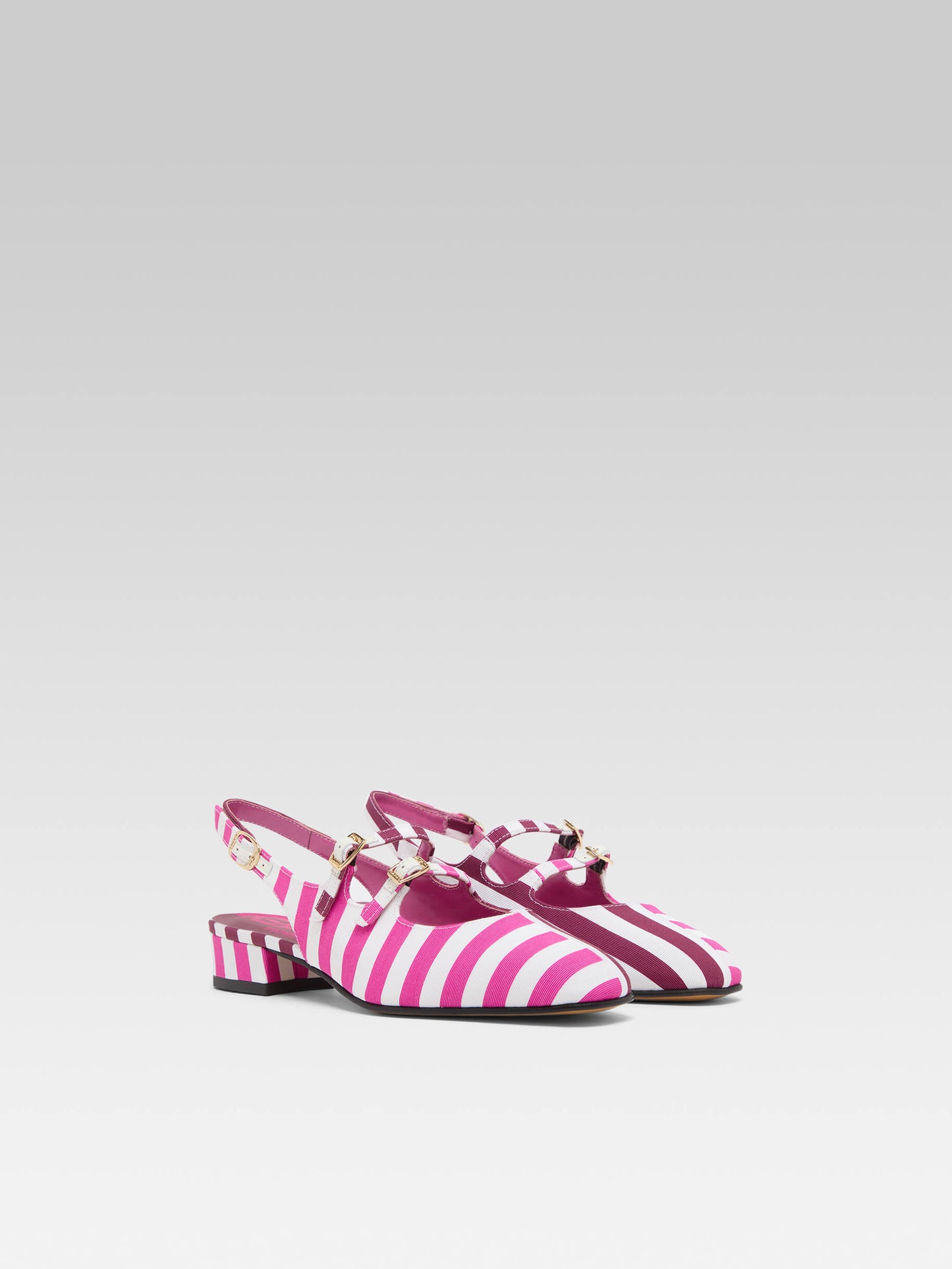 Peche Half - Burgundy, pink and white bayadere fabric slingback Mary Janes 