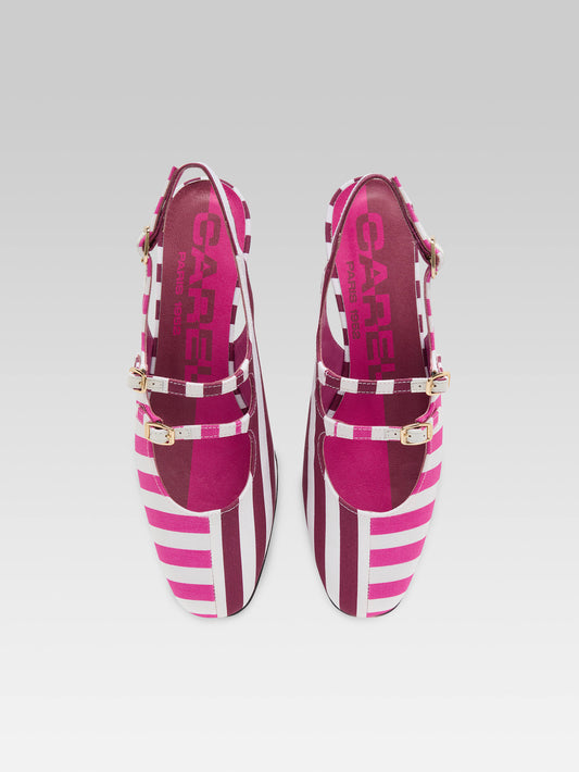 Peche Half - Burgundy, pink and white bayadere fabric slingback Mary Janes  - Image number 2