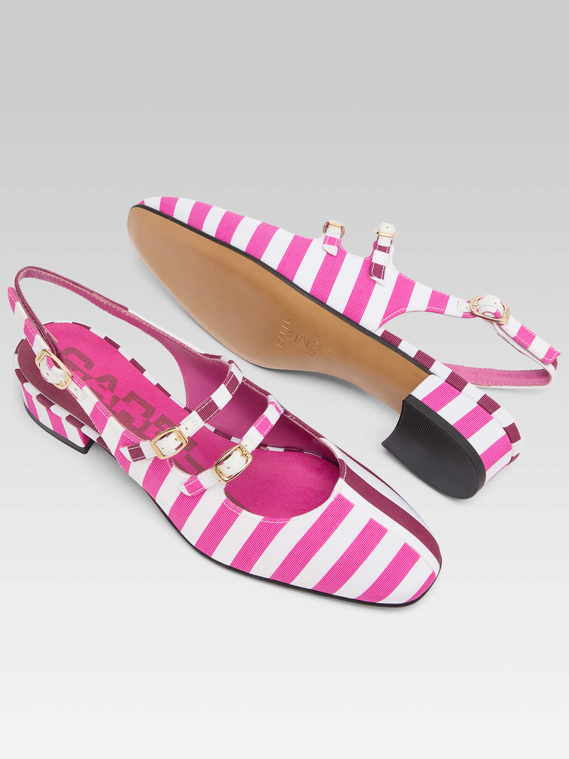 Peche Half - Burgundy, pink and white bayadere fabric slingback Mary Janes  - Image number 5