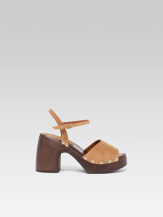 Laly - Camel suede leather clogs