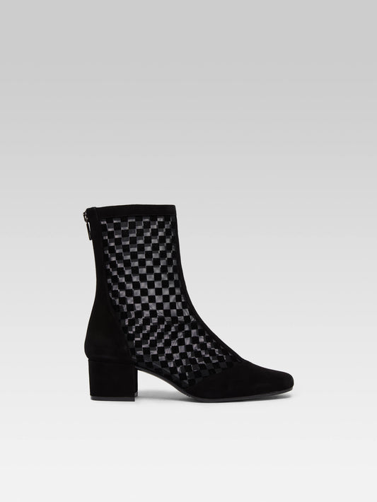 Estimenight - Black checkered suede and mesh ankle boots