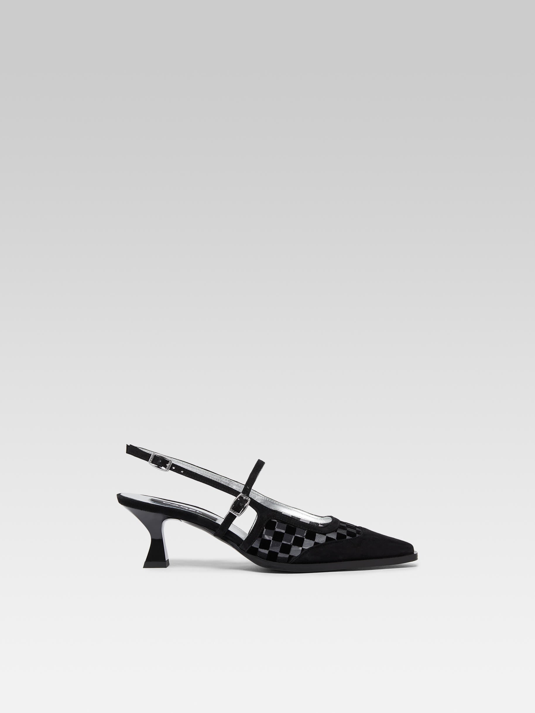 Cecile - Escarpins slingback cuir velours damier résille noir - Image numéro 1