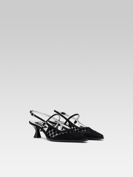 Cecile - Black checkered suede and mesh leather slingback pumps - Image number 5