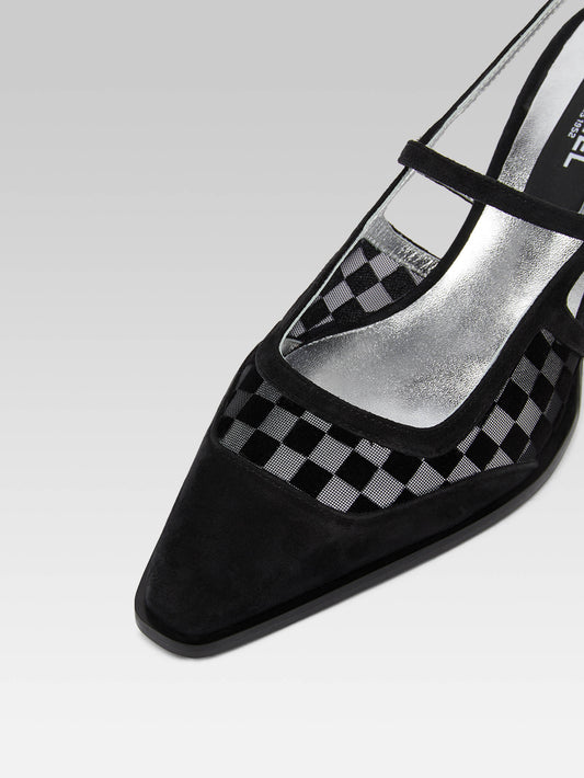 Cecile - Black checkered suede and mesh leather slingback pumps - Image number 2