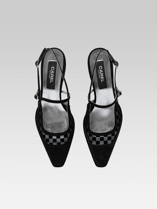 Cecile - Black checkered suede and mesh leather slingback pumps - Image number 4