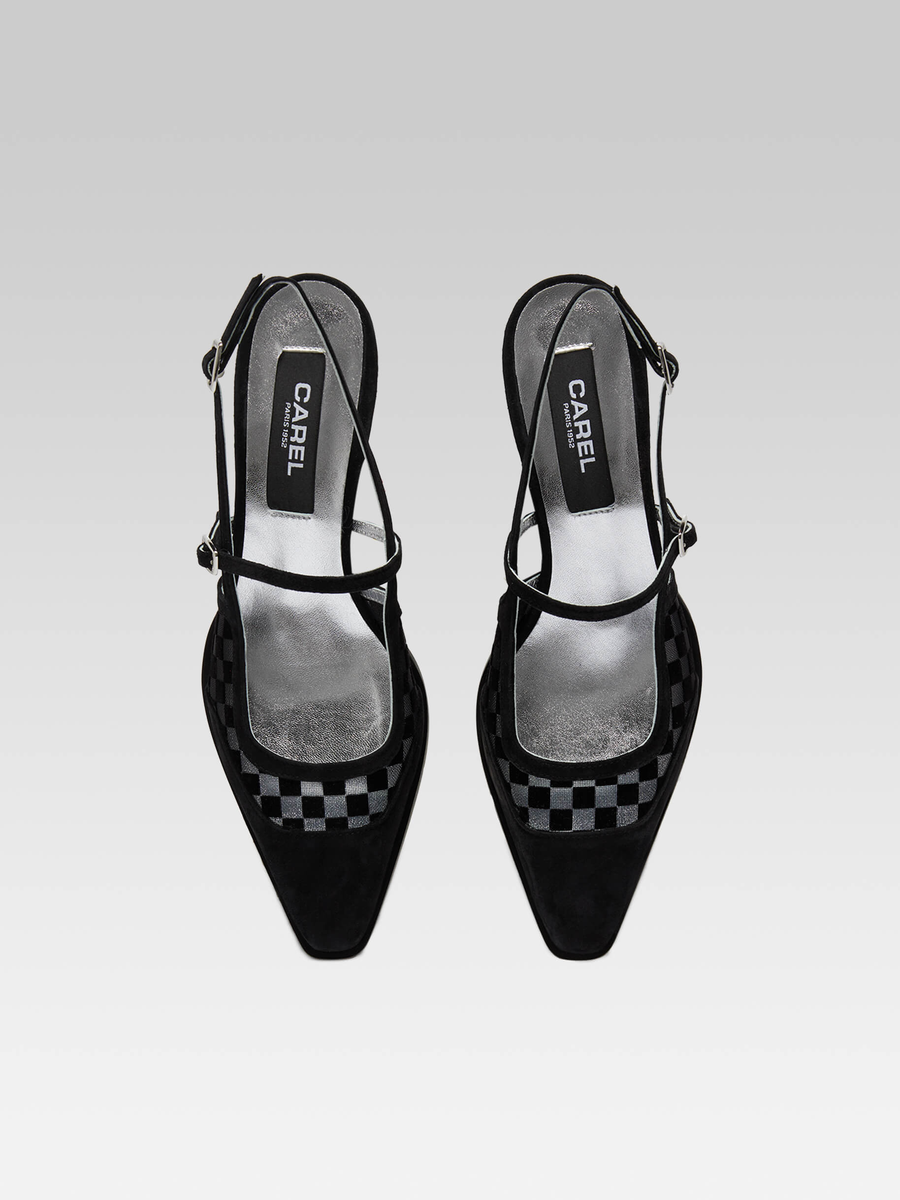 Cecile - Escarpins slingback cuir velours damier résille noir - Image numéro 3