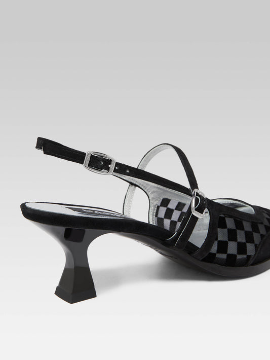 Cecile - Black checkered suede and mesh leather slingback pumps - Image number 6