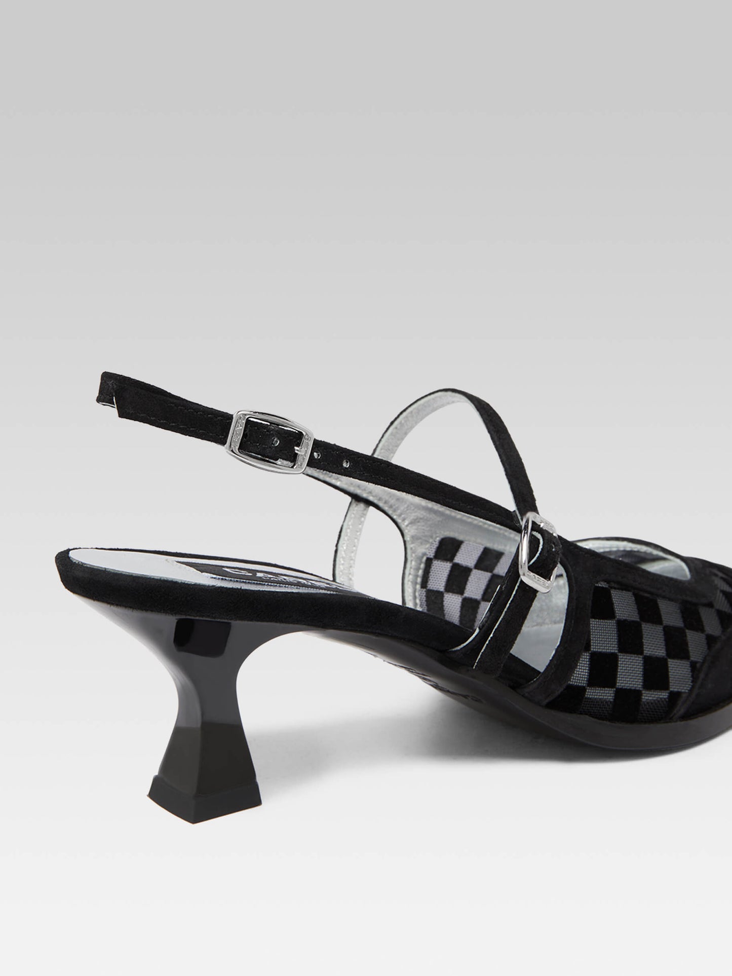 Cecile - Escarpins slingback cuir velours damier résille noir